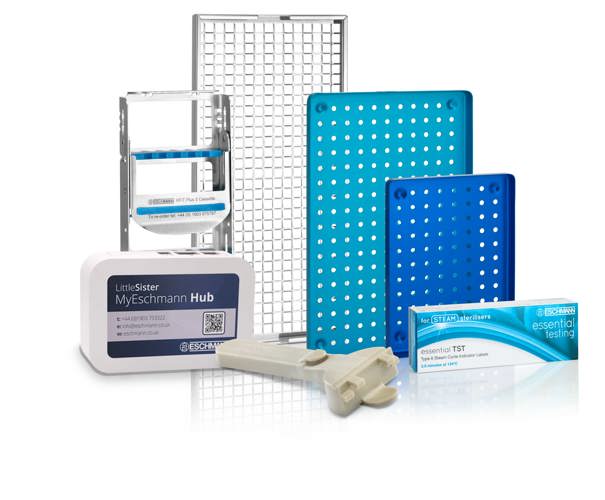 Collection of consumables including testing devices and Eschmann branded hand sanitiser